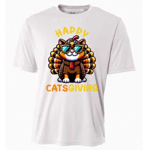 Happy Catsgiving Thanksgiving Funny Turkey Cat Cooling Performance Crew T-Shirt