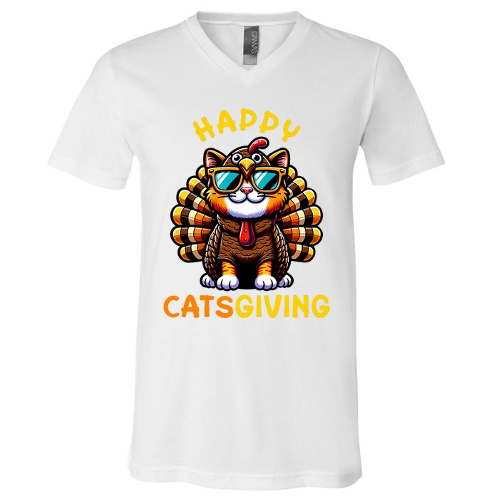 Happy Catsgiving Thanksgiving Funny Turkey Cat V-Neck T-Shirt