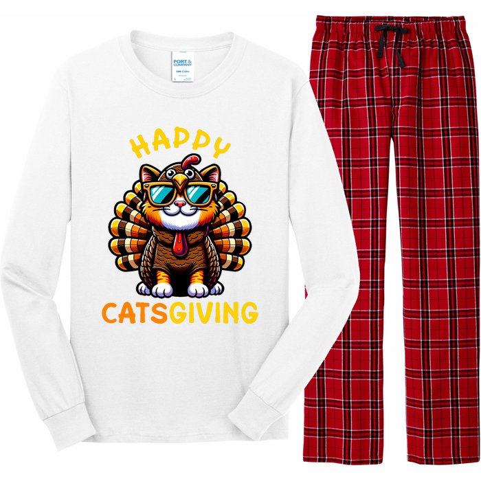 Happy Catsgiving Thanksgiving Funny Turkey Cat Long Sleeve Pajama Set