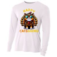 Happy Catsgiving Thanksgiving Funny Turkey Cat Cooling Performance Long Sleeve Crew