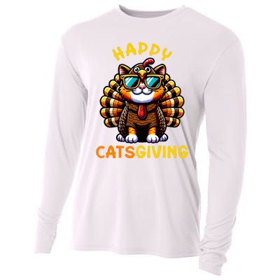 Happy Catsgiving Thanksgiving Funny Turkey Cat Cooling Performance Long Sleeve Crew