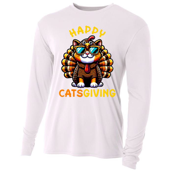 Happy Catsgiving Thanksgiving Funny Turkey Cat Cooling Performance Long Sleeve Crew