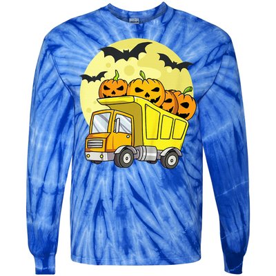 Halloween Construction Truck Pumpkin Tie-Dye Long Sleeve Shirt