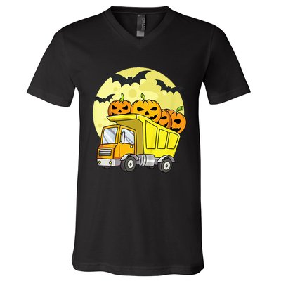 Halloween Construction Truck Pumpkin V-Neck T-Shirt