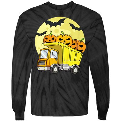 Halloween Construction Truck Pumpkin Tie-Dye Long Sleeve Shirt