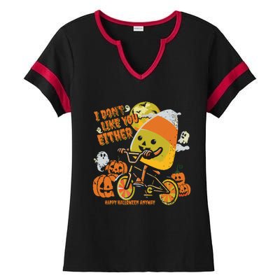 Halloween Costume Team Candy Corn I DonT Like You Either Ladies Halftime Notch Neck Tee