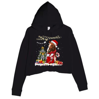 Horse Christmas Tree Hat Santa Lights Funny Horse Xmas Gift Crop Fleece Hoodie