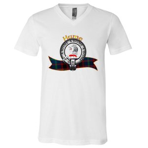 Hume Clan Tartan Crest Motto V Neck V-Neck T-Shirt