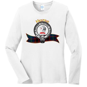 Hume Clan Tartan Crest Motto V Neck Ladies Long Sleeve Shirt