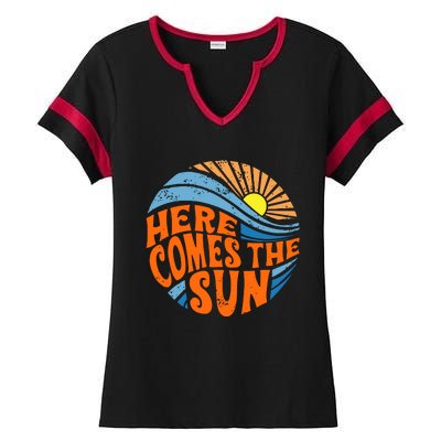 Here Comes The Sun  Beach  Summer Vacation Ladies Halftime Notch Neck Tee