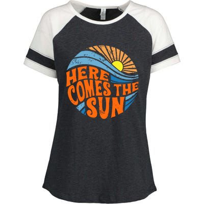 Here Comes The Sun  Beach  Summer Vacation Enza Ladies Jersey Colorblock Tee