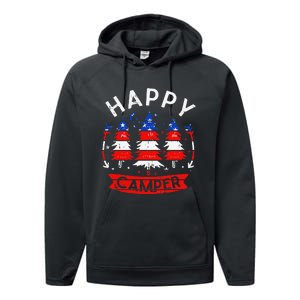 Happy Camper US Flag Patriotic 4th Of July Camping Hiking Performance Fleece Hoodie