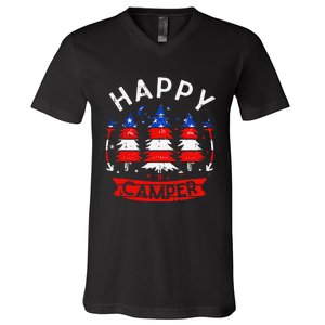 Happy Camper US Flag Patriotic 4th Of July Camping Hiking V-Neck T-Shirt