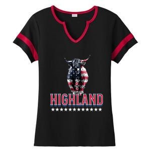 Highland Cow Usa Flag Farmer Patriotic Cow Lover Meaningful Gift Ladies Halftime Notch Neck Tee