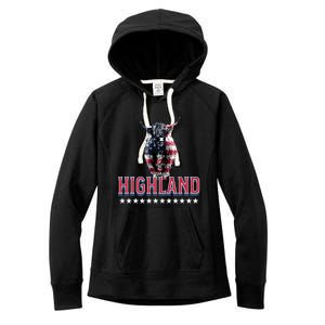 Highland Cow Usa Flag Farmer Patriotic Cow Lover Meaningful Gift Women's Fleece Hoodie