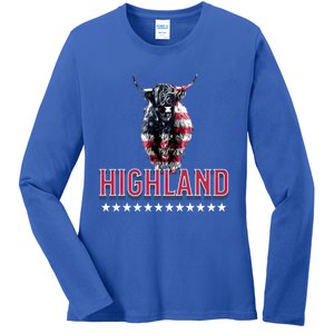 Highland Cow Usa Flag Farmer Patriotic Cow Lover Meaningful Gift Ladies Long Sleeve Shirt