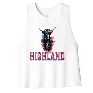 Highland Cow Usa Flag Farmer Patriotic Cow Lover Meaningful Gift Women's Racerback Cropped Tank