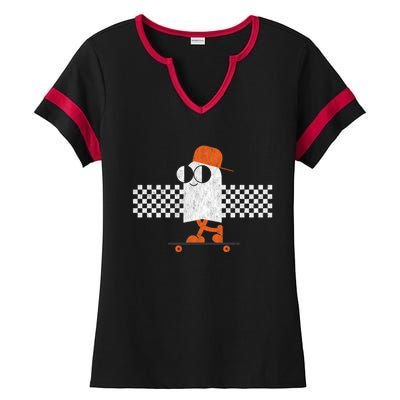 Halloween Cute Vintage Retro Ghost On Skateboard Cute Gift Ladies Halftime Notch Neck Tee