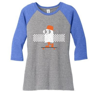 Halloween Cute Vintage Retro Ghost On Skateboard Cute Gift Women's Tri-Blend 3/4-Sleeve Raglan Shirt