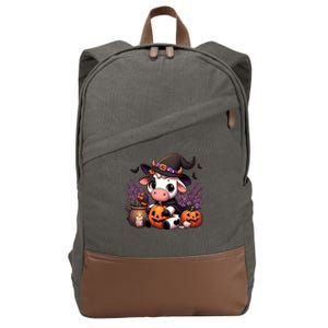 Halloween Cow Witchy Cow Spooky Pumpkin Hello Fall Gift Cotton Canvas Backpack