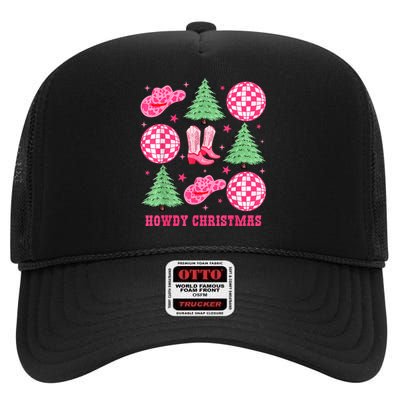 Howdy Christmas Western Cowgirl Boots And Hats Xmas Trees High Crown Mesh Back Trucker Hat