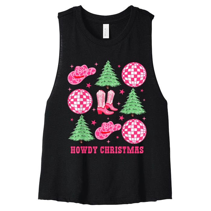 Howdy Christmas Western Cowgirl Boots And Hats Xmas Trees Women's Racerback Cropped Tank