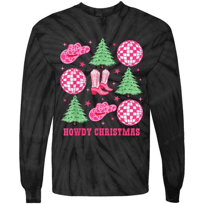 Howdy Christmas Western Cowgirl Boots And Hats Xmas Trees Tie-Dye Long Sleeve Shirt