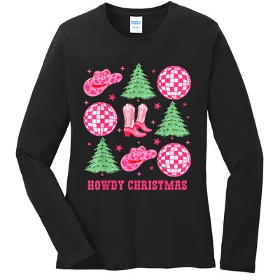 Howdy Christmas Western Cowgirl Boots And Hats Xmas Trees Ladies Long Sleeve Shirt