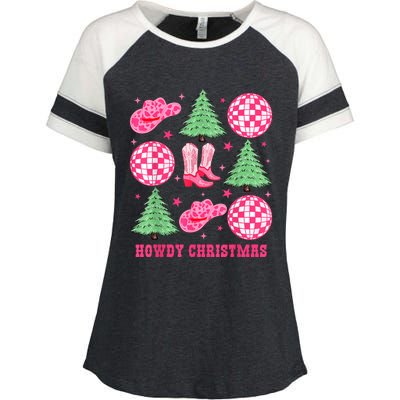 Howdy Christmas Western Cowgirl Boots And Hats Xmas Trees Enza Ladies Jersey Colorblock Tee