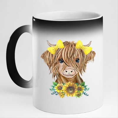 Highland Cow With Sunflowers 11oz Black Color Changing Mug