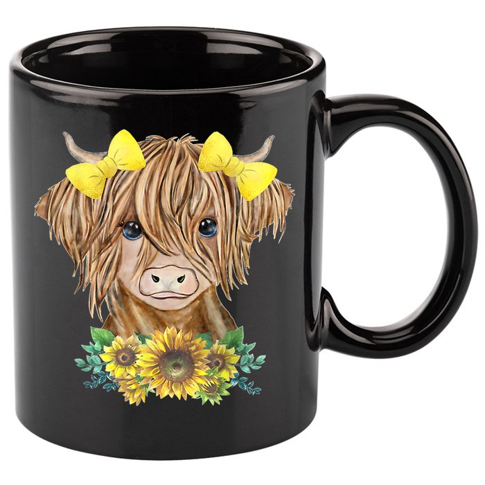 Highland Cow With Sunflowers 11oz C Handle Ceramic Mug