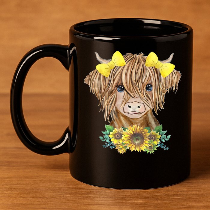 Highland Cow With Sunflowers 11oz C Handle Ceramic Mug