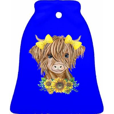 Highland Cow With Sunflowers Ceramic Bell Ornament