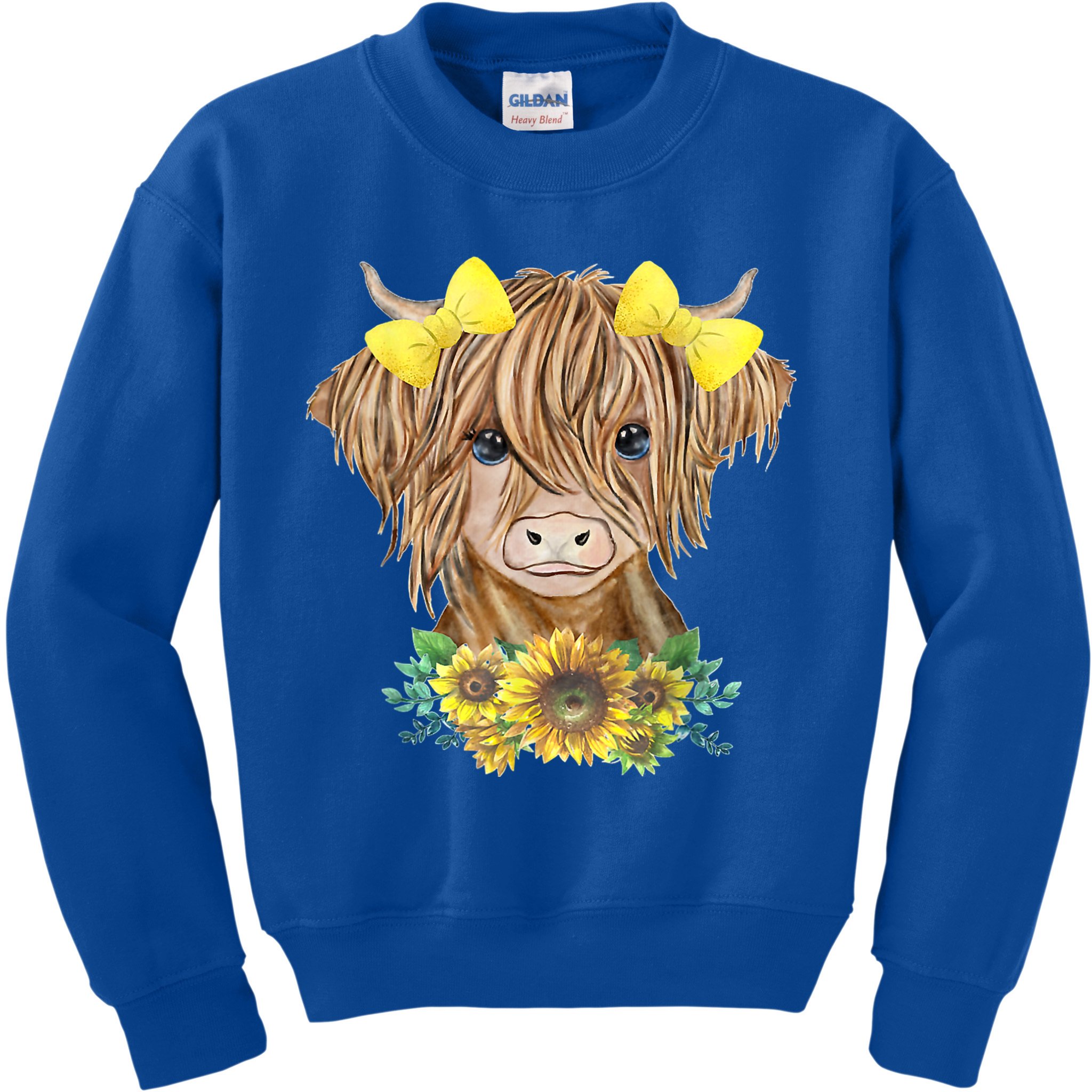 Highland Cow With Sunflowers Kids Sweatshirt