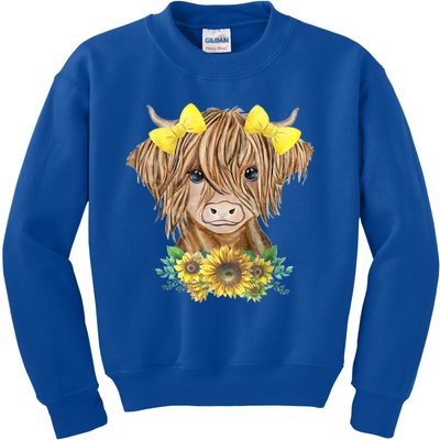 Highland Cow With Sunflowers Kids Sweatshirt