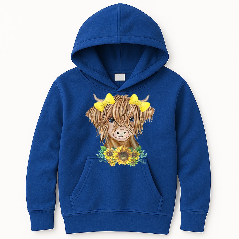 Highland Cow With Sunflowers Kids Hoodie