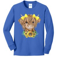 Highland Cow With Sunflowers Kids Long Sleeve Shirt