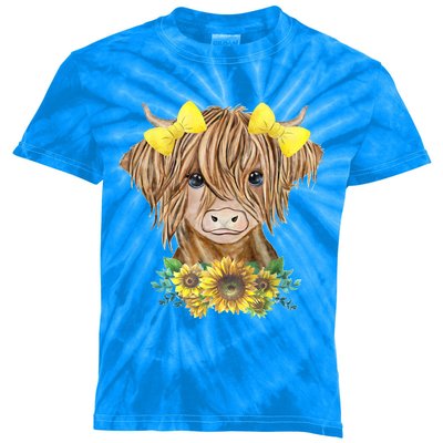 Highland Cow With Sunflowers Kids Tie-Dye T-Shirt