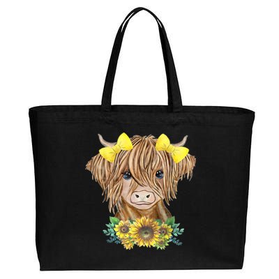 Highland Cow With Sunflowers Cotton Canvas Jumbo Tote