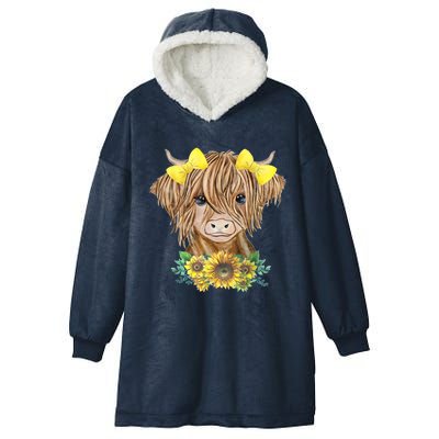 Highland Cow With Sunflowers Hooded Wearable Blanket