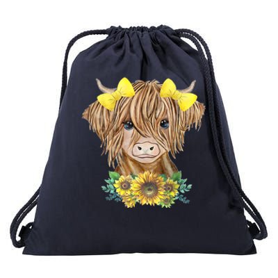 Highland Cow With Sunflowers Drawstring Bag