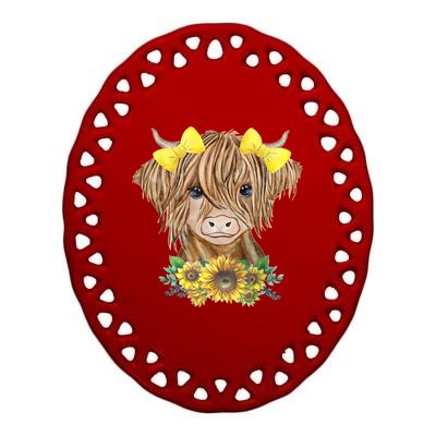 Highland Cow With Sunflowers Ceramic Oval Ornament