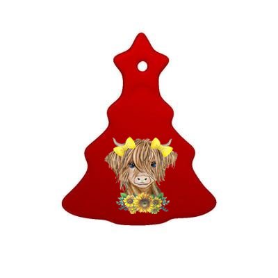 Highland Cow With Sunflowers Ceramic Tree Ornament