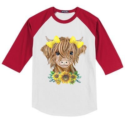 Highland Cow With Sunflowers Kids Colorblock Raglan Jersey