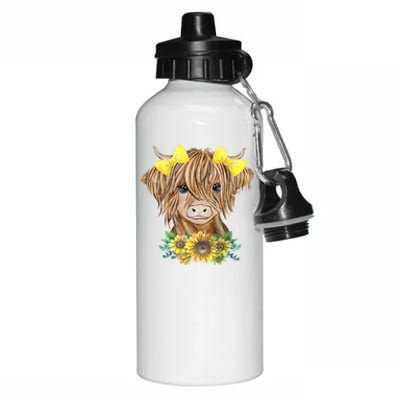 Highland Cow With Sunflowers Aluminum Water Bottle