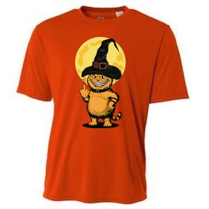 Halloween Cat Wearing Witch Hat With The Middle Finger Funny Cooling Performance Crew T-Shirt