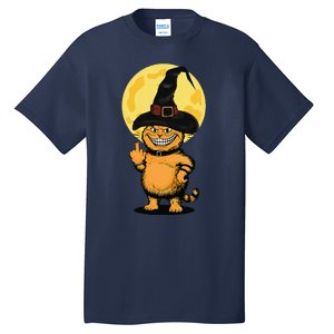 Halloween Cat Wearing Witch Hat With The Middle Finger Funny Tall T-Shirt