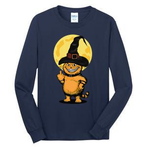 Halloween Cat Wearing Witch Hat With The Middle Finger Funny Tall Long Sleeve T-Shirt