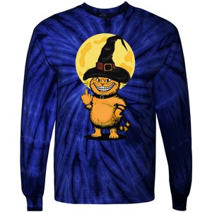 Halloween Cat Wearing Witch Hat With The Middle Finger Funny Tie-Dye Long Sleeve Shirt