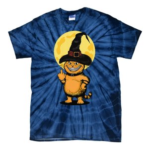 Halloween Cat Wearing Witch Hat With The Middle Finger Funny Tie-Dye T-Shirt